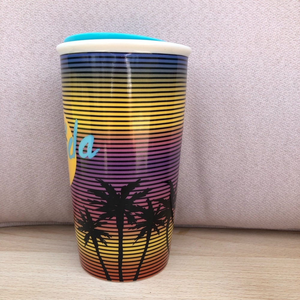 Starbucks 2016 Ceramic Stripes Sunset Palms Florida Travel Cup With Lid 12 Oz. - Picture 2 of 11